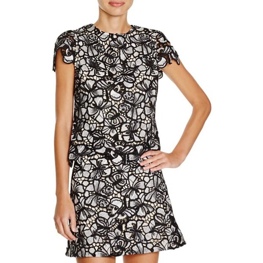 alice + olivia Lace Overlay Butterfly  Short Sleeve Blouse Top in Black, M